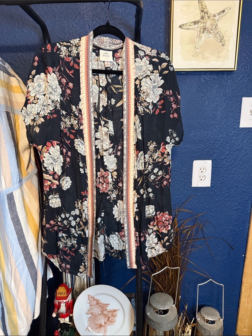 Black Floral Open Front Kimono with Trim